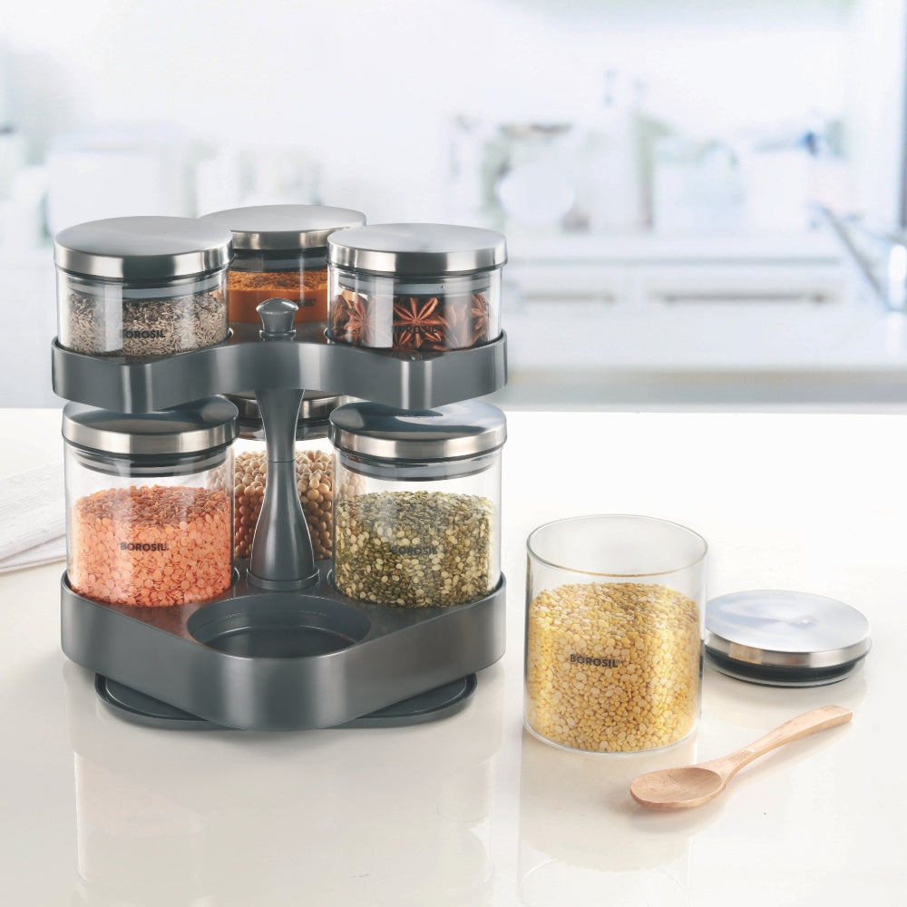 Borosil Spin n Store Tray with Classic Glass Jars, SS lid 7 pcs Set