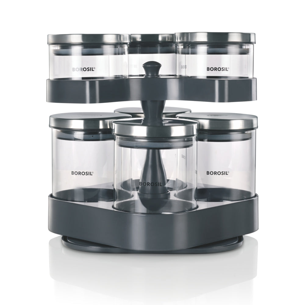 Borosil Spin n Store Tray with Classic Glass Jars, SS lid 7 pcs Set