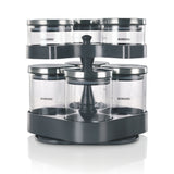 Borosil Spin n Store Tray with Classic Glass Jars, SS lid 7 pcs Set
