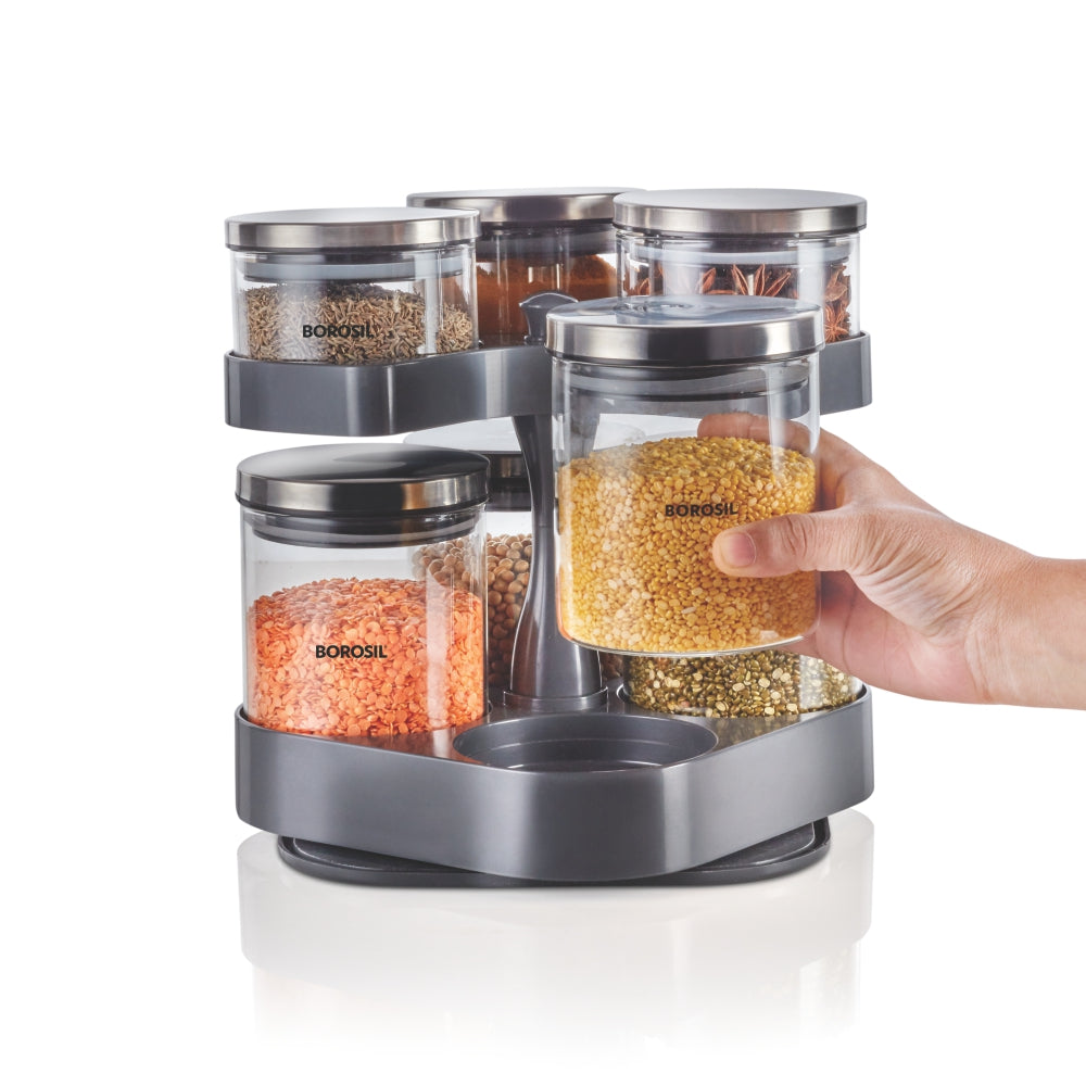 Borosil Spin n Store Tray with Classic Glass Jars, SS lid 7 pcs Set