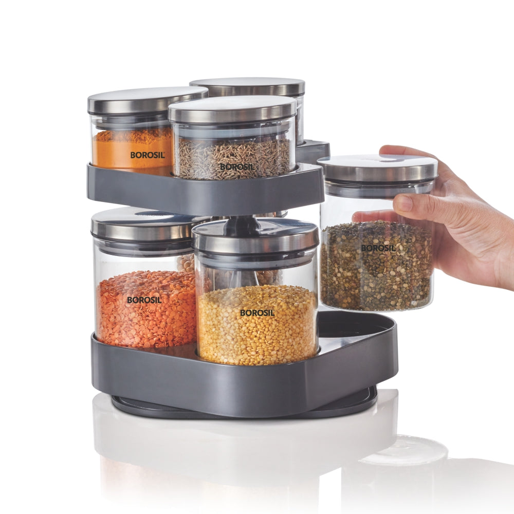Borosil Spin n Store Tray with Classic Glass Jars, SS lid 7 pcs Set