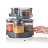 Borosil Spin n Store Tray with Classic Glass Jars, SS lid 7 pcs Set