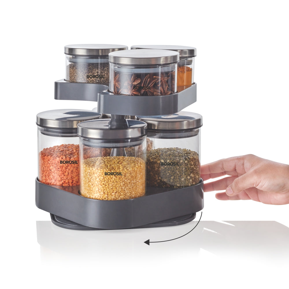 Borosil Spin n Store Tray with Classic Glass Jars, SS lid 7 pcs Set
