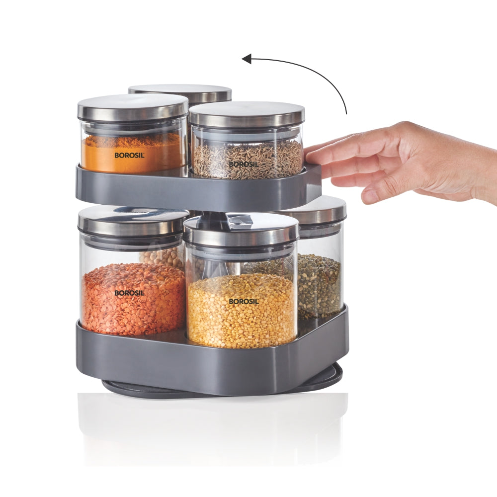 Borosil Spin n Store Tray with Classic Glass Jars, SS lid 7 pcs Set