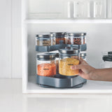Borosil Spin n Store Tray with Classic Glass Jars, SS lid 7 pcs Set