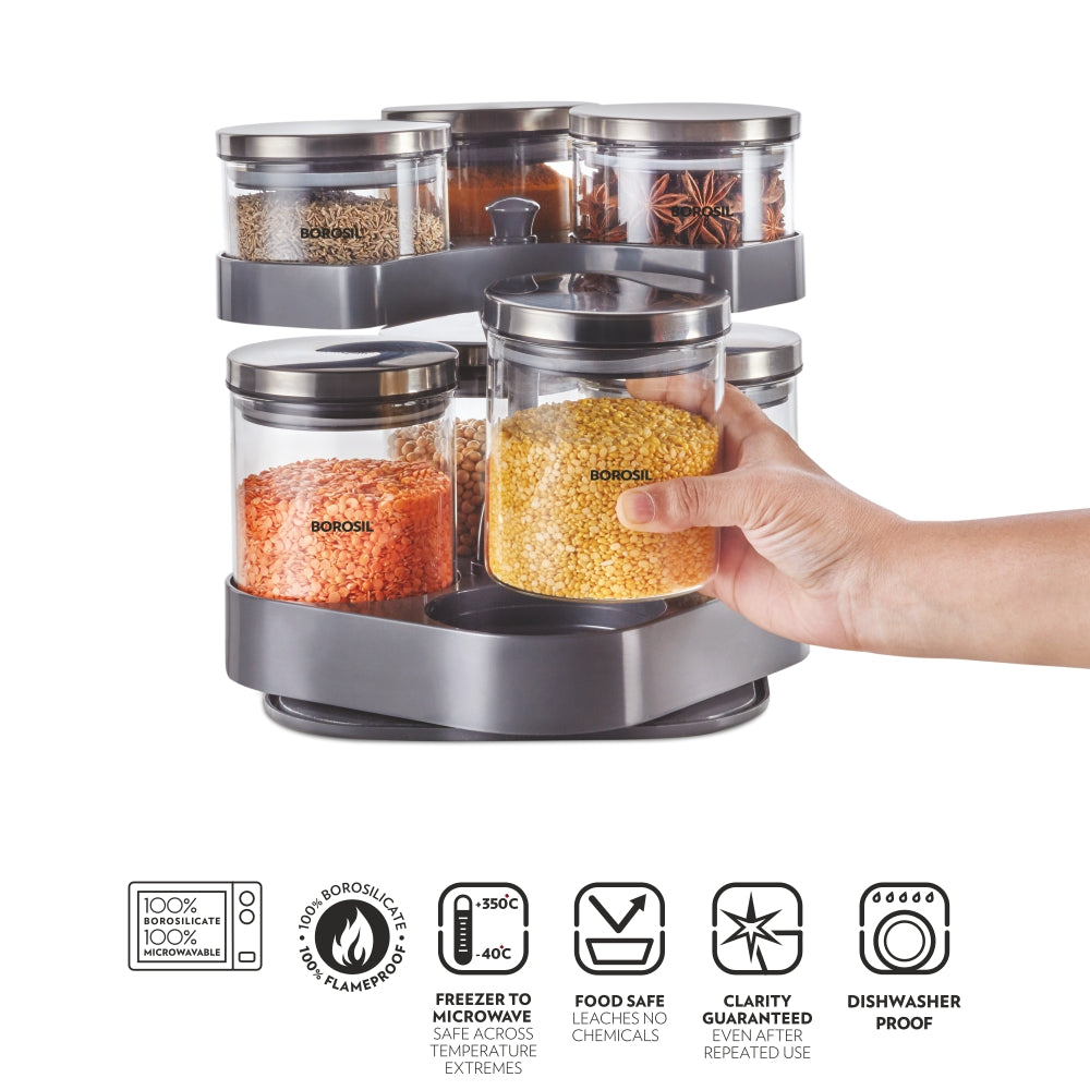 Borosil Spin n Store Tray with Classic Glass Jars, SS lid 7 pcs Set