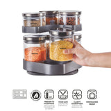 Borosil Spin n Store Tray with Classic Glass Jars, SS lid 7 pcs Set