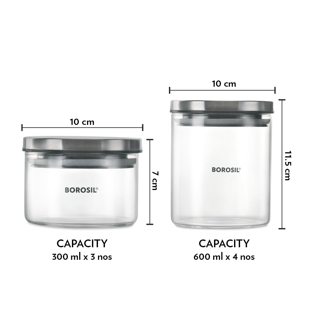 Borosil Spin n Store Tray with Classic Glass Jars, SS lid 7 pcs Set