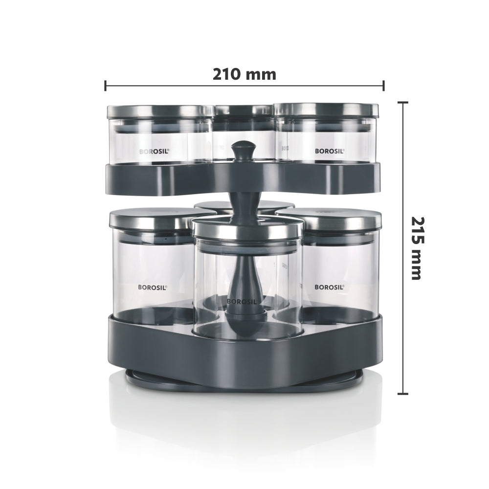 Borosil Spin n Store Tray with Classic Glass Jars, SS lid 7 pcs Set