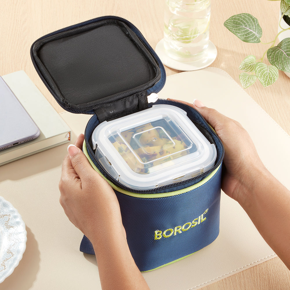 Borosil Blue Tall Lunch Bag, Square, For Set of 2, (320ml) (Only Bag)