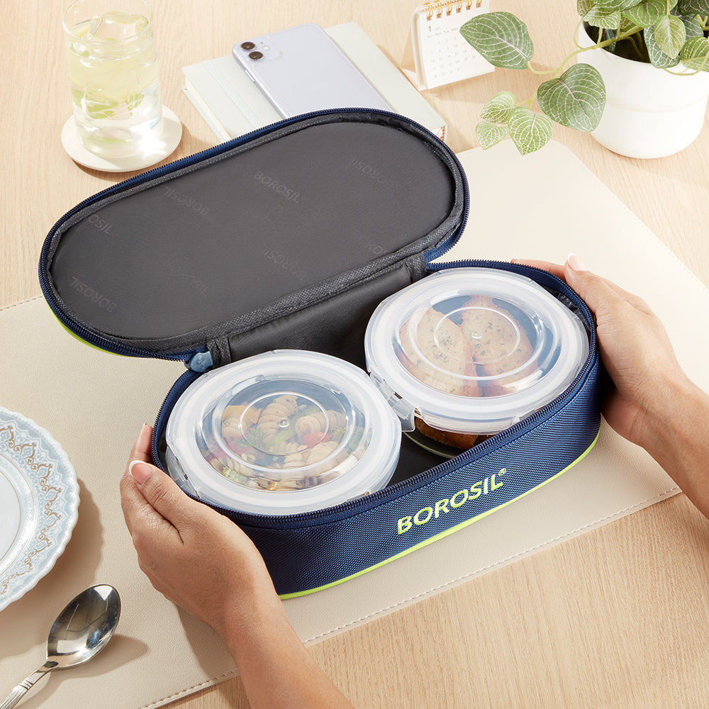 Borosil Blue Flat Lunch Bag, Round, For Set of 2, (400ml) (Only Bag)
