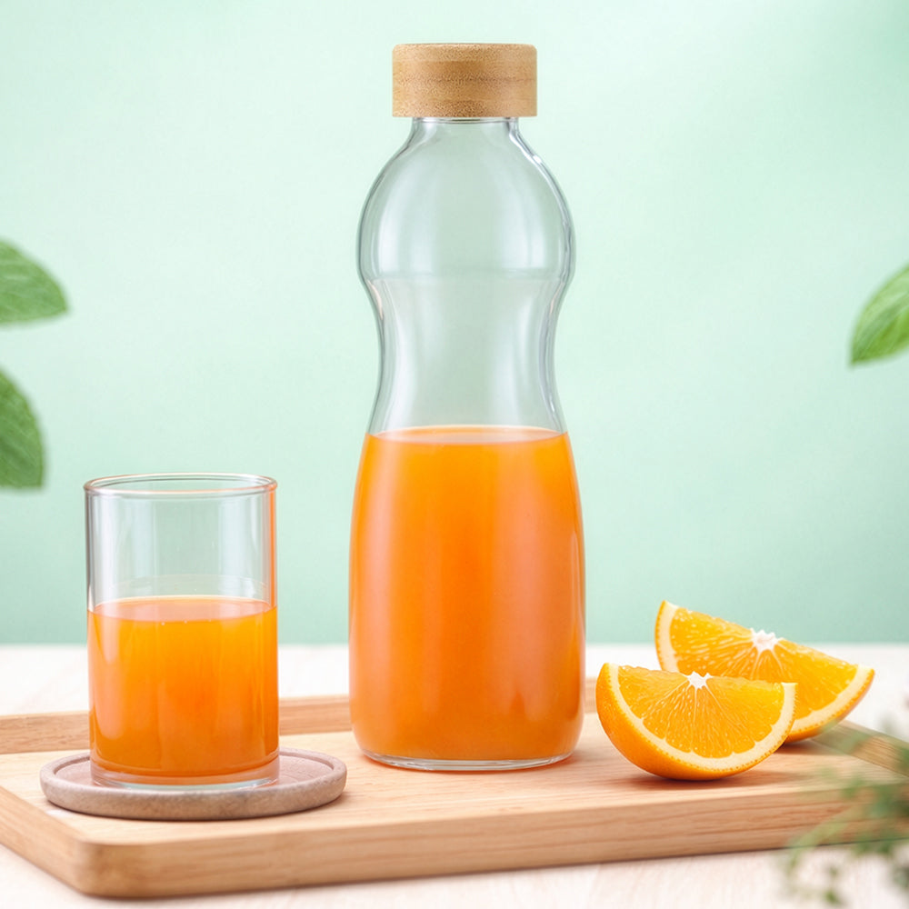 Borosil Curve Glass Bottle with Bamboo Lid 750ml - Bamboo Lid