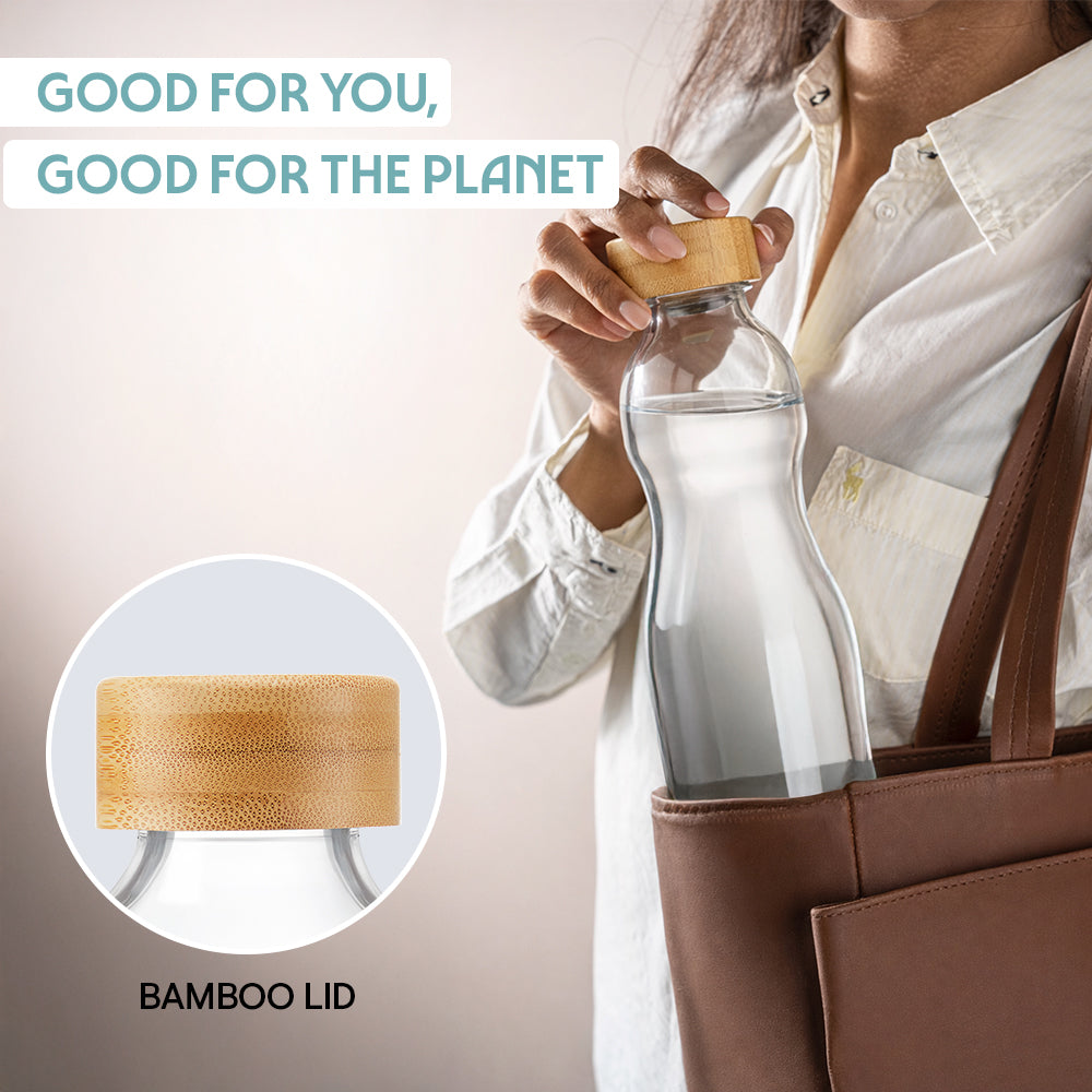 Borosil Curve Glass Bottle with Bamboo Lid 750ml - Bamboo Lid