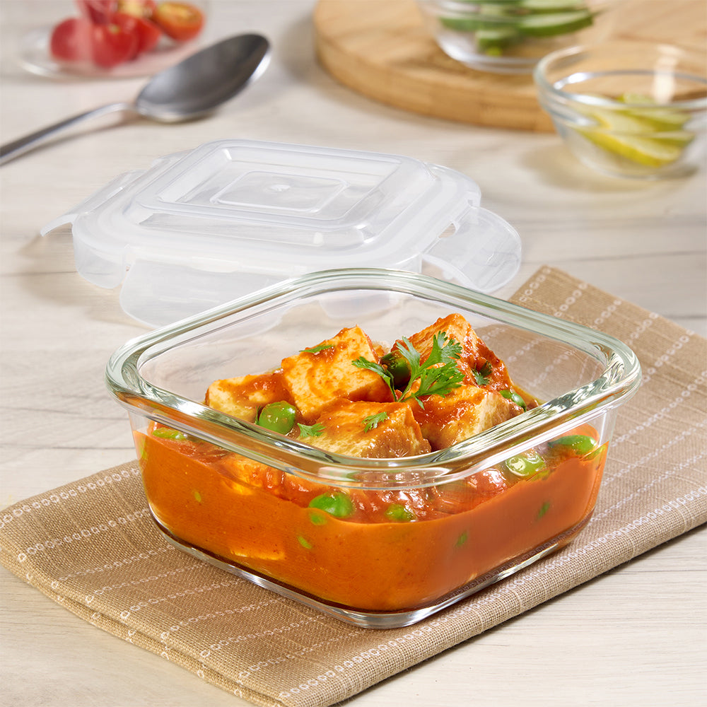 Borosil Klip n Store Square Glass Container, 400 ml