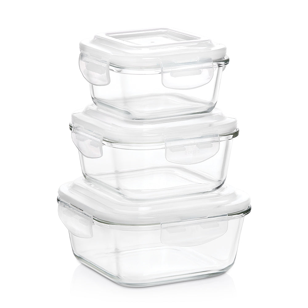 Borosil Tuff-Glass Klip n Store, Square, Set of 3, Containers (320ml + 520ml + 800ml)