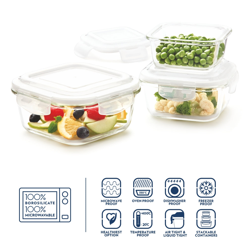 Borosil Tuff-Glass Klip n Store, Square, Set of 3, Containers (320ml + 520ml + 800ml)