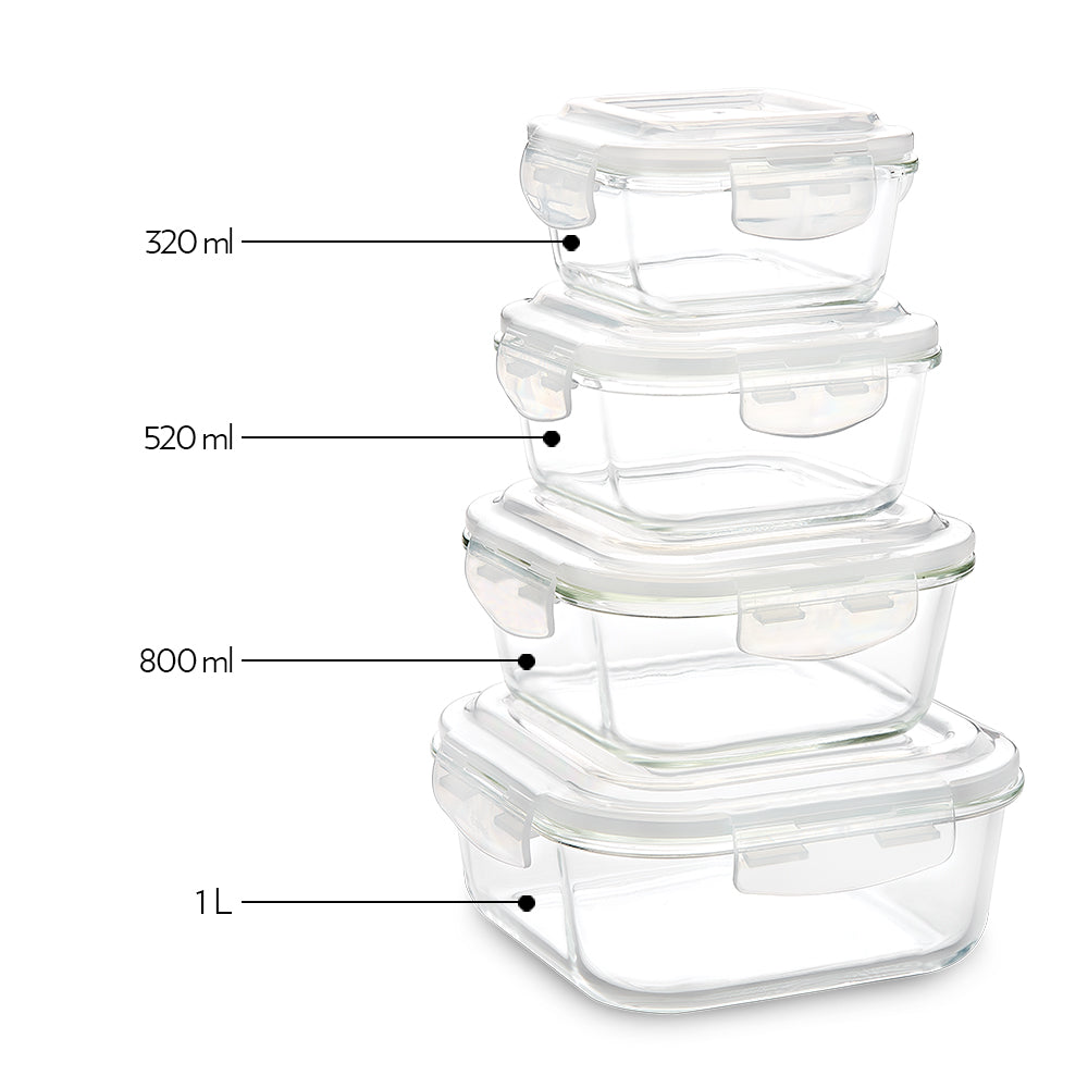 Borosil Tuff-Glass Klip n Store, Square, Set of 3, Containers (320ml + 520ml + 800ml)