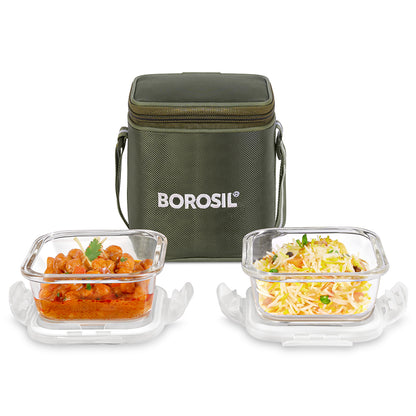 Borosil Eateasy Square Glass Lunchbox Set of 2, 320ml