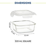 Borosil Eateasy Square Glass Lunchbox Set of 2, 320ml