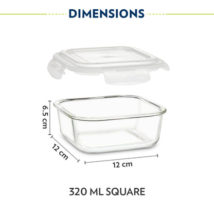 Borosil Eateasy Square Glass Lunchbox Set of 2, 320ml