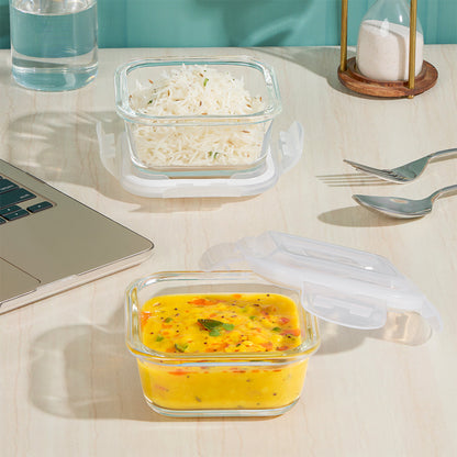 Borosil Eateasy Square Glass Lunchbox Set of 2, 320ml