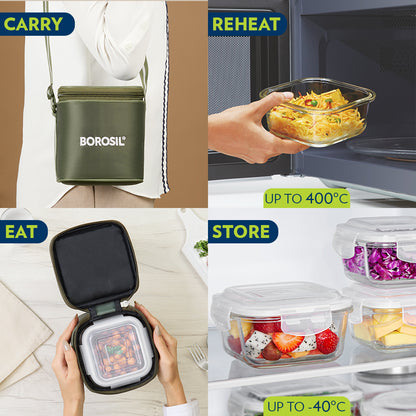 Borosil Eateasy Square Glass Lunchbox Set of 2, 320ml