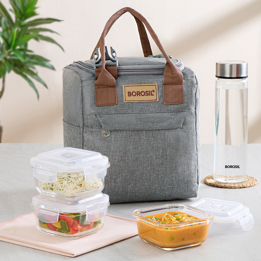 Borosil Gourmet Square Glass Lunch Box with Glass Bottle Set of 4, 320ml x 3 + 550ml