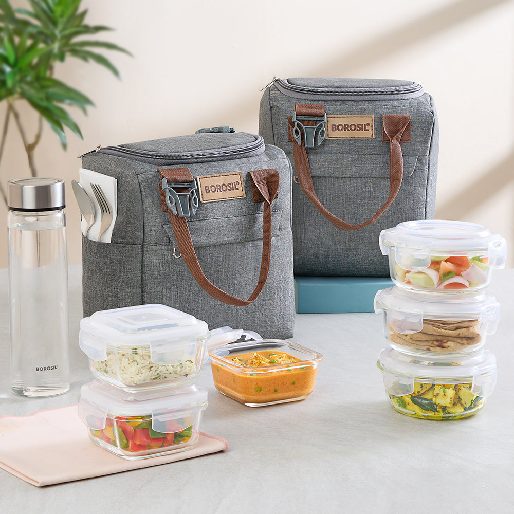 Borosil Gourmet Square Glass Lunch Box with Glass Bottle Set of 4, 320ml x 3 + 550ml