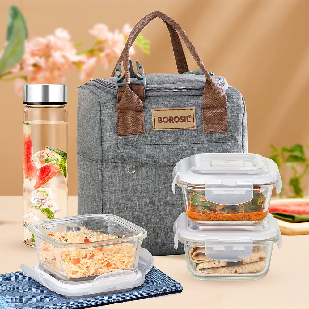 Borosil Gourmet Square Glass Lunch Box with Glass Bottle Set of 4, 320ml x 3 + 550ml