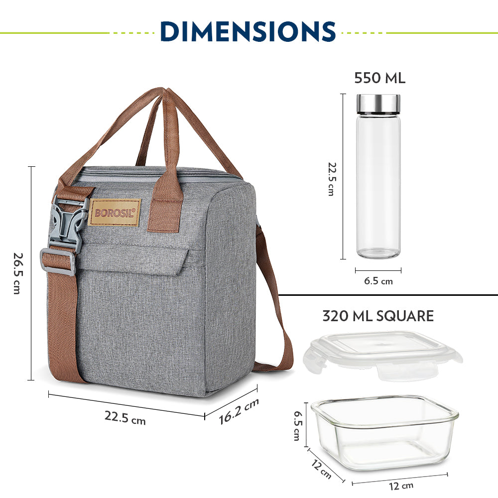 Borosil Gourmet Square Glass Lunch Box with Glass Bottle Set of 4, 320ml x 3 + 550ml