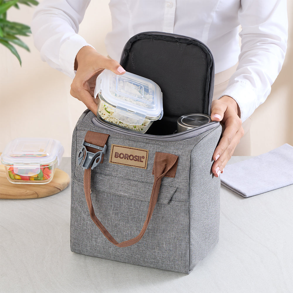 Borosil Gourmet Square Glass Lunch Box with Glass Bottle Set of 4, 320ml x 3 + 550ml
