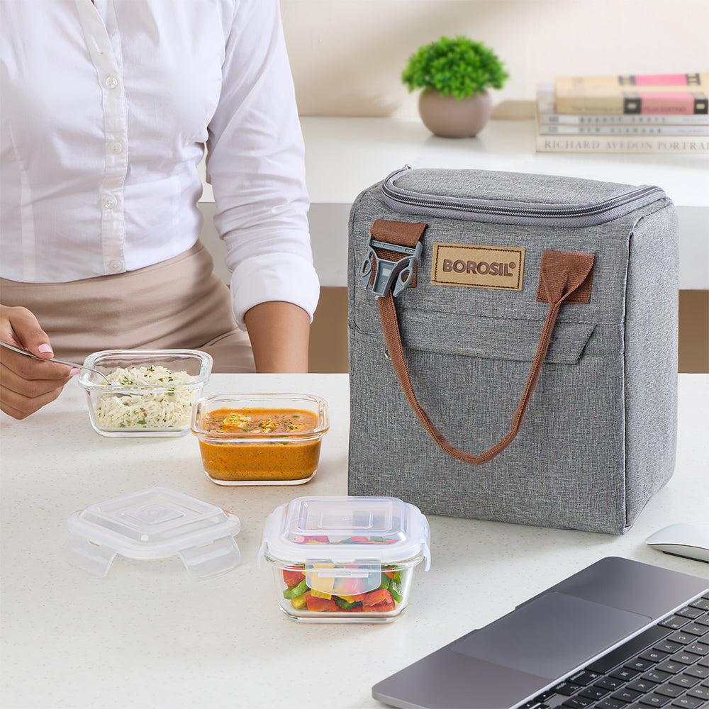 Borosil Gourmet Square Glass Lunch Box with Glass Bottle Set of 4, 320ml x 3 + 550ml