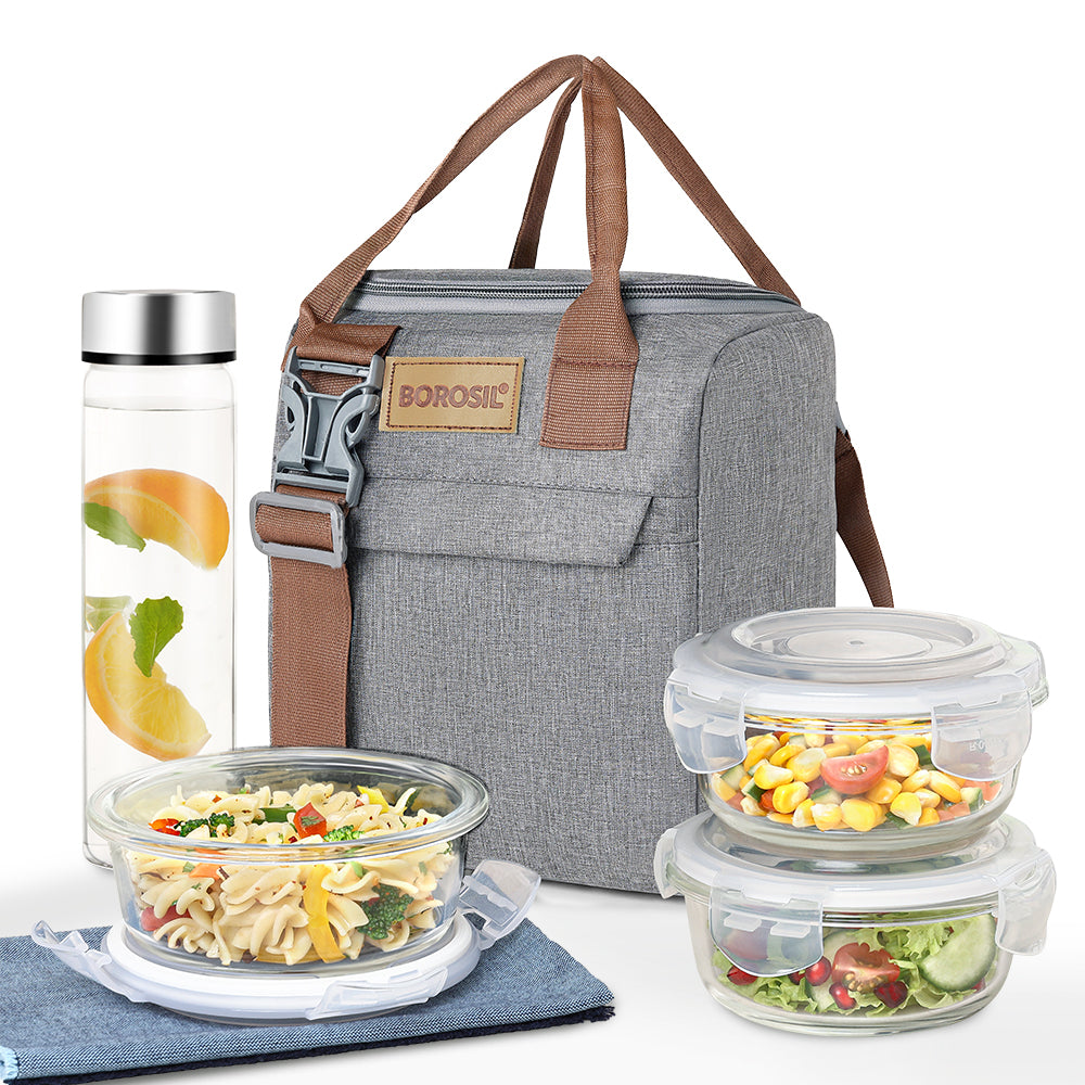 Borosil Pro Round Glass Lunch Box with Glass Bottle Set of 4, 400ml x 3 + 550ml (Bottle)