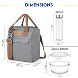 Borosil Pro Round Glass Lunch Box with Glass Bottle Set of 4, 400ml x 3 + 550ml (Bottle)