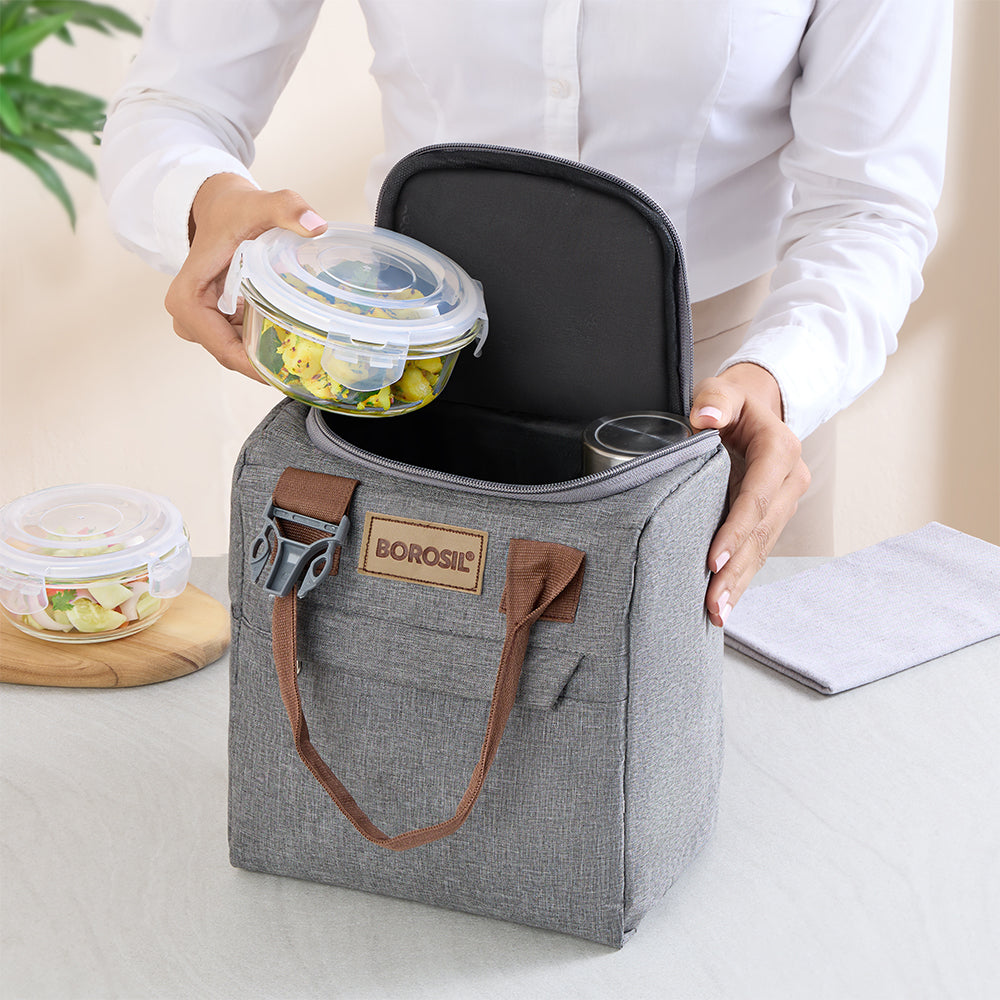 Borosil Pro Round Glass Lunch Box with Glass Bottle Set of 4, 400ml x 3 + 550ml (Bottle)