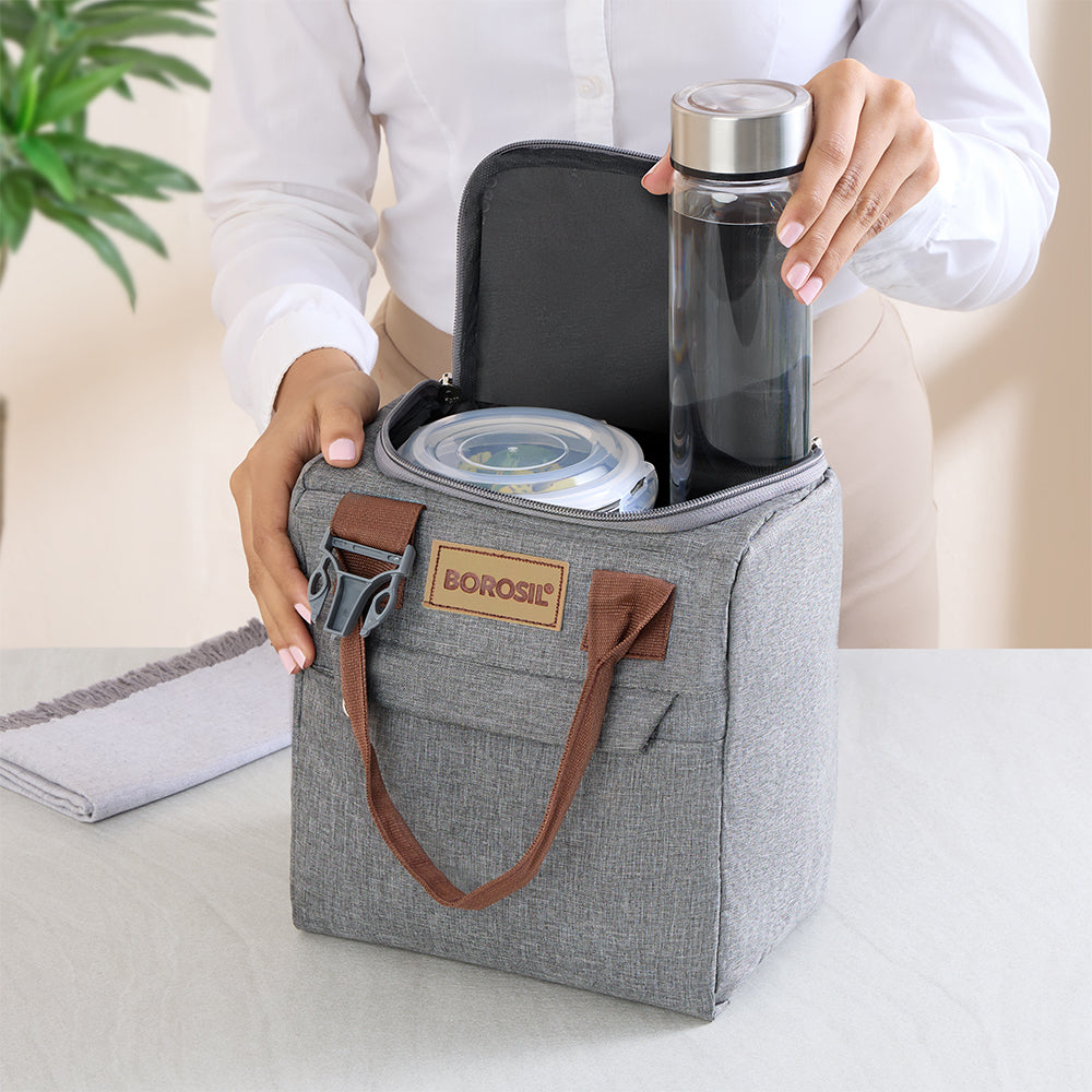 Borosil Pro Round Glass Lunch Box with Glass Bottle Set of 4, 400ml x 3 + 550ml (Bottle)
