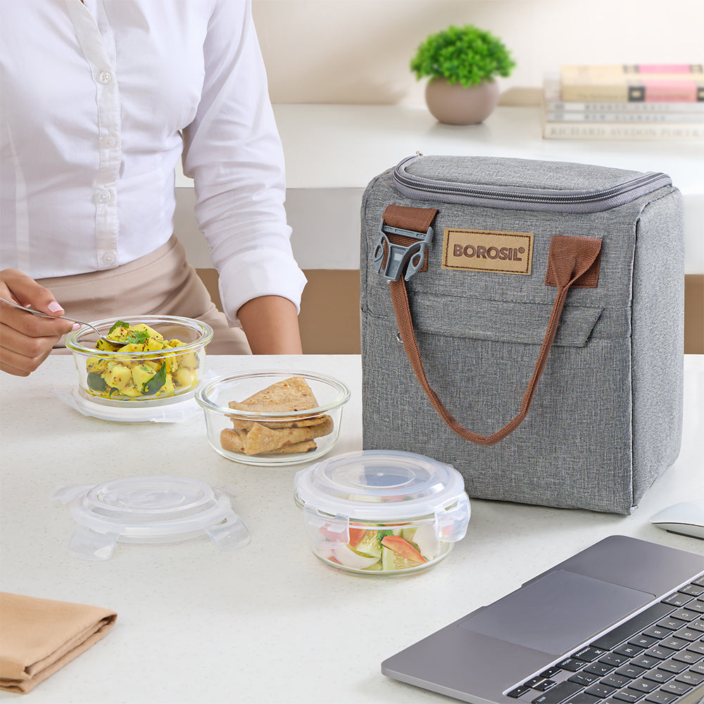 Borosil Pro Round Glass Lunch Box with Glass Bottle Set of 4, 400ml x 3 + 550ml (Bottle)