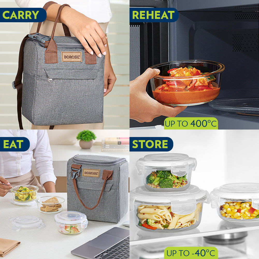 Borosil Pro Round Glass Lunch Box with Glass Bottle Set of 4, 400ml x 3 + 550ml (Bottle)