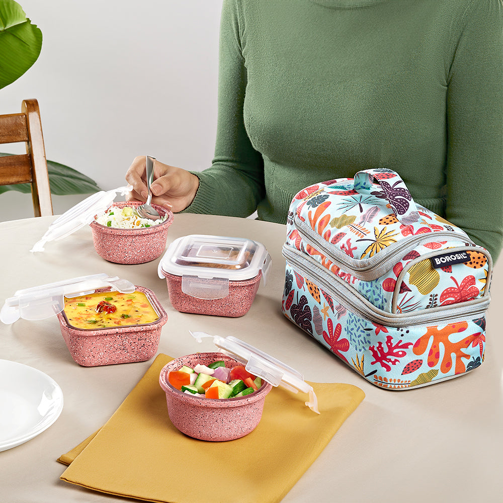 Borosil Universal Glass Lunchbox,Set of 4, 320ml x 2 + 240ml x 2