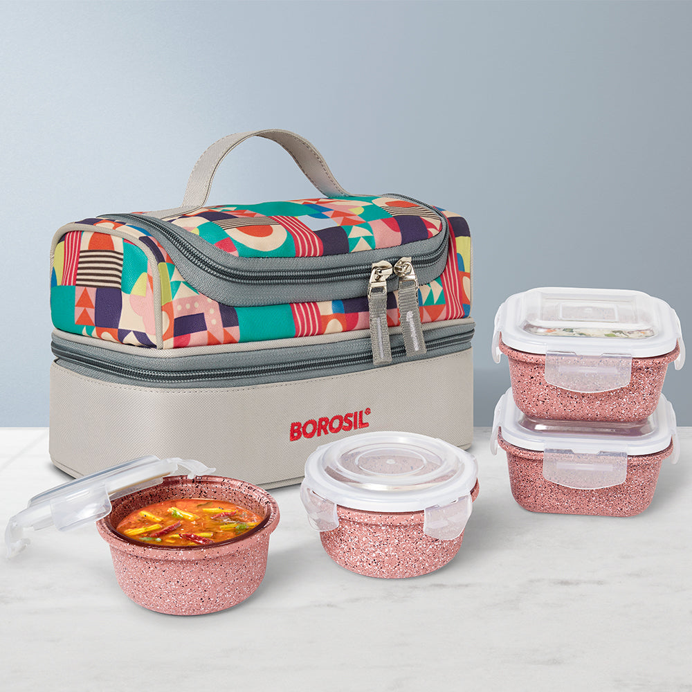 Borosil Universal Glass Lunchbox,Set of 4, 320ml x 2 + 240ml x 2