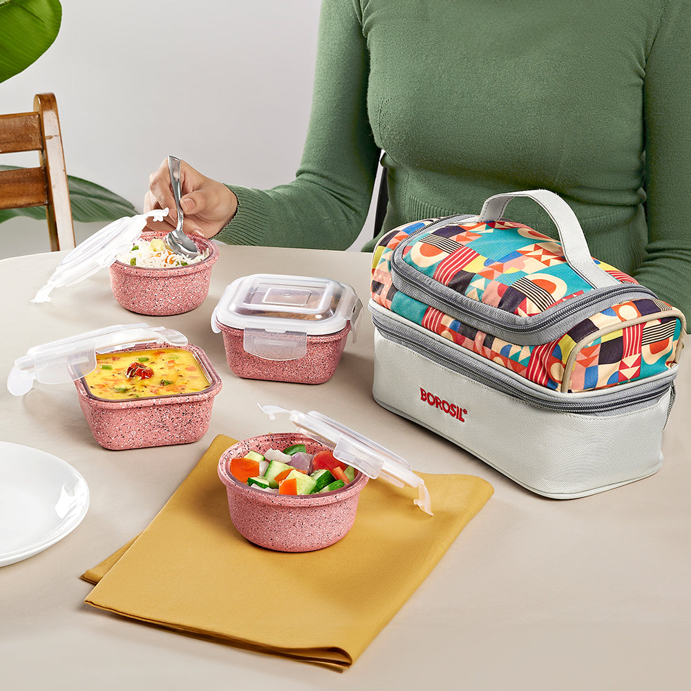 Borosil Universal Glass Lunchbox,Set of 4, 320ml x 2 + 240ml x 2