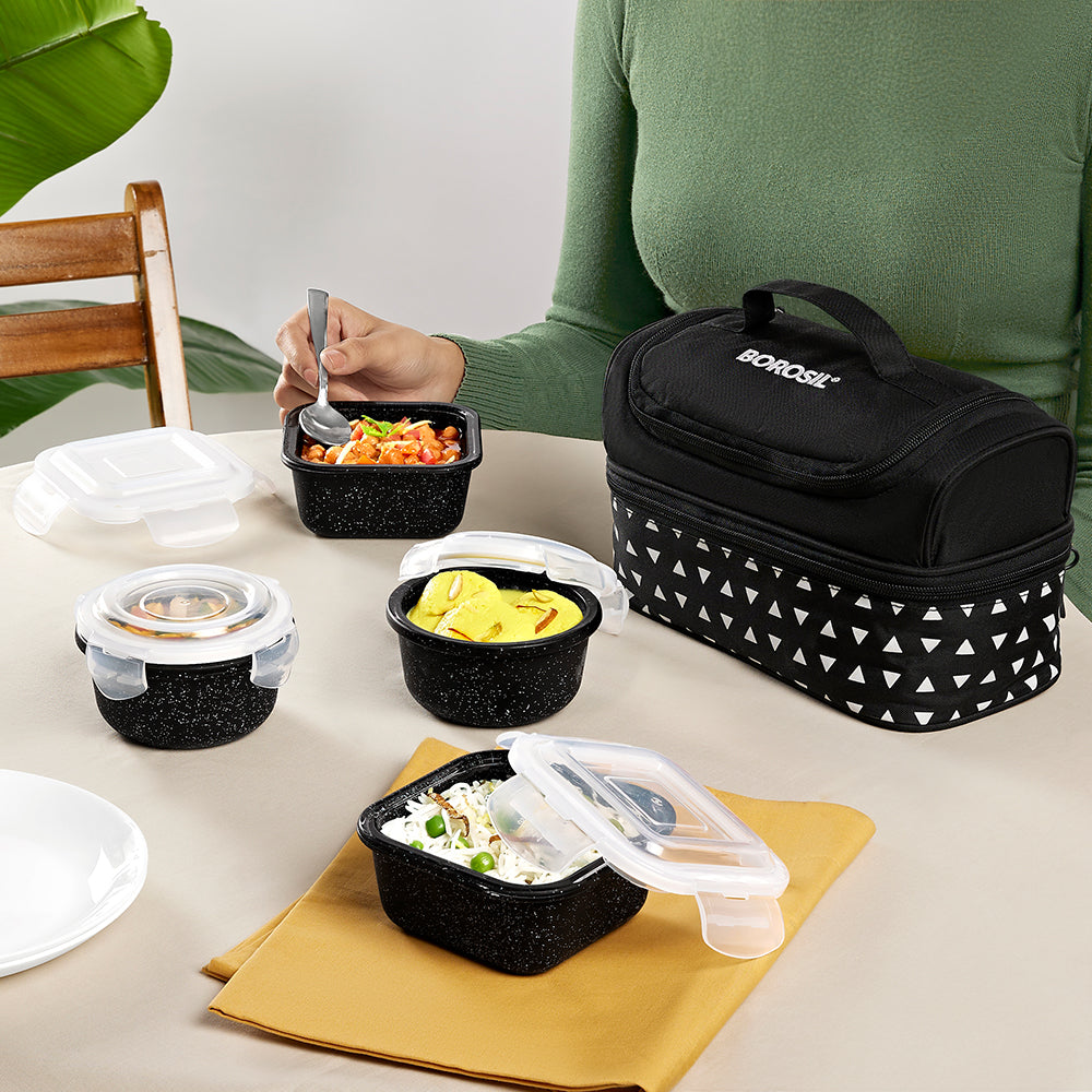 Borosil Universal Glass Lunchbox,Set of 4, 320ml x 2 + 240ml x 2
