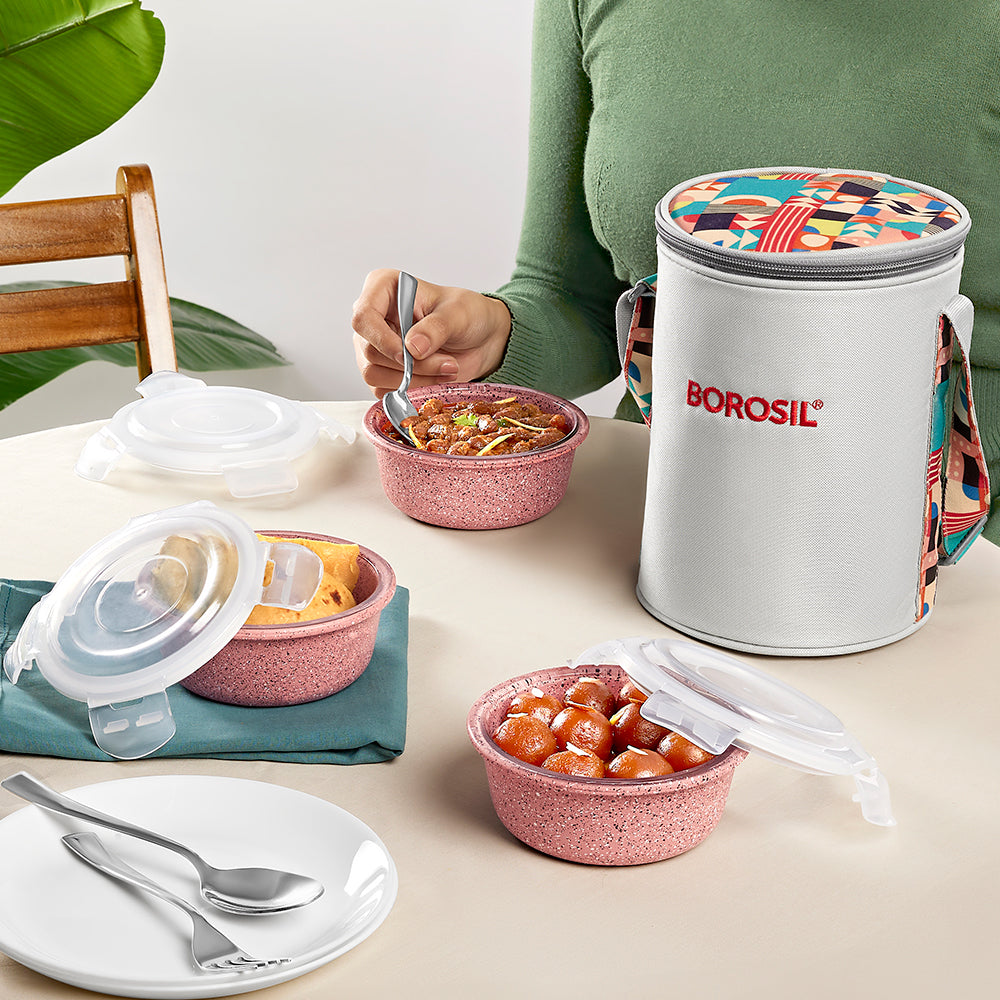 Kube Round Glass Lunch Box Set of 3, 400ml