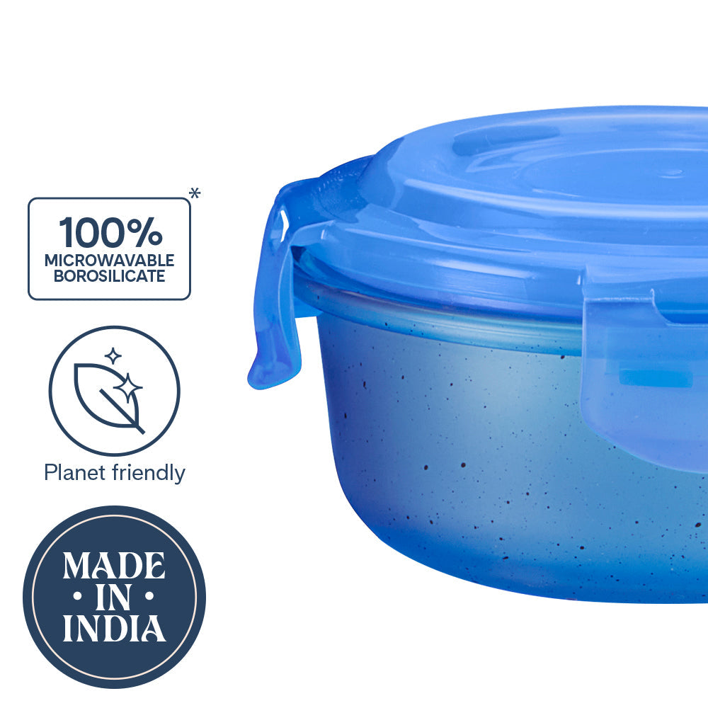 Borosil Larah Colormate Round Lunch Box, Blue Set of 3, 400ml