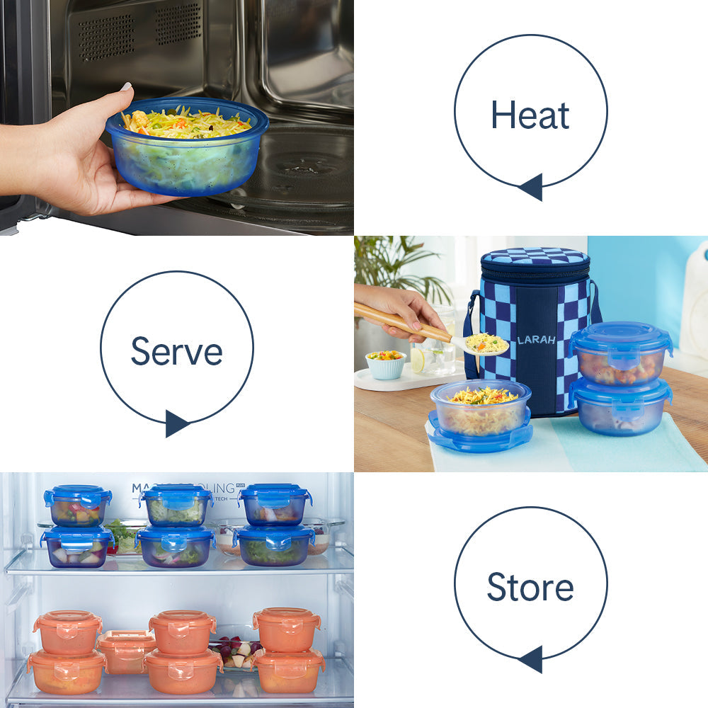 Borosil Larah Colormate Round Lunch Box, Blue Set of 3, 400ml