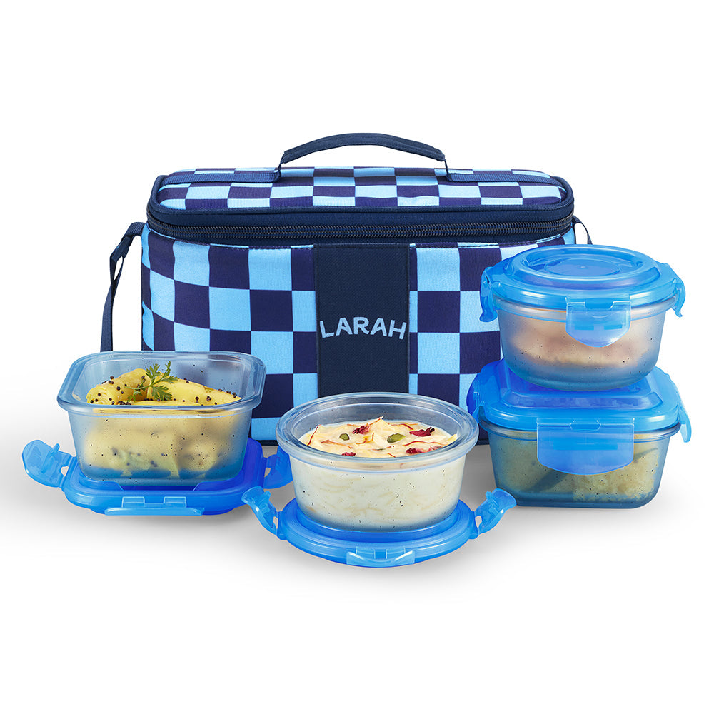 Borosil Larah Colormate Universal Lunch Box, Blue, Set of 4, 320ml x 2+240ml x 2