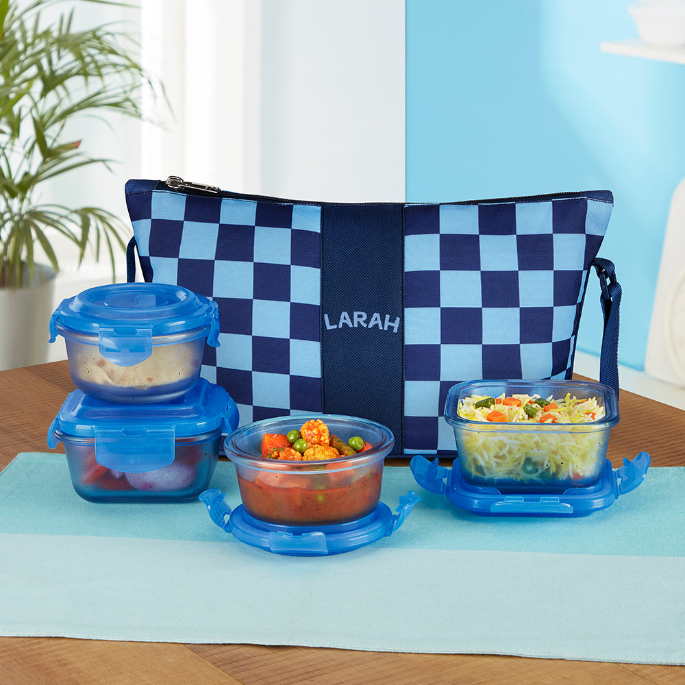 Borosil Larah Colormate Daisy Universal Lunch Box, Blue Set of 4, 320ml x 2+240ml x 2