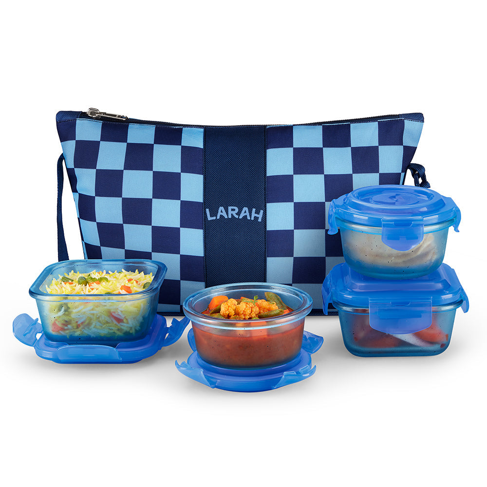 Borosil Larah Colormate Daisy Universal Lunch Box, Blue Set of 4, 320ml x 2+240ml x 2