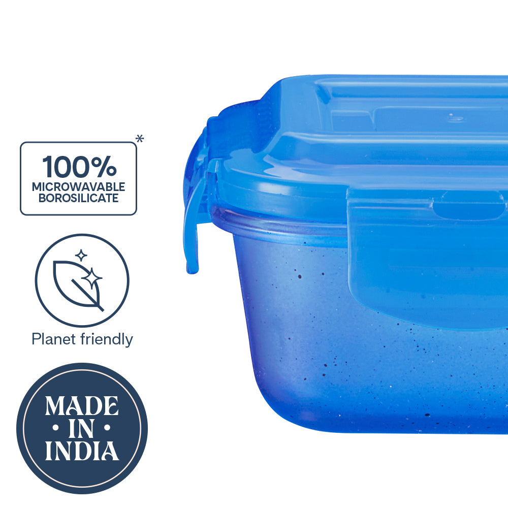 Borosil Larah Colormate Daisy Universal Lunch Box, Blue Set of 4, 320ml x 2+240ml x 2