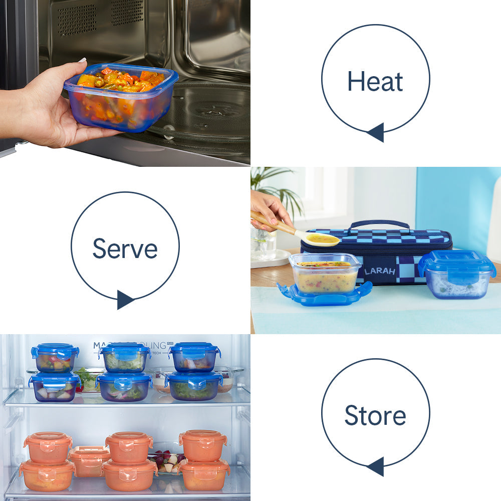 Borosil Larah Colormate Square Lunch Box, Blue, Set of 2, 320ml